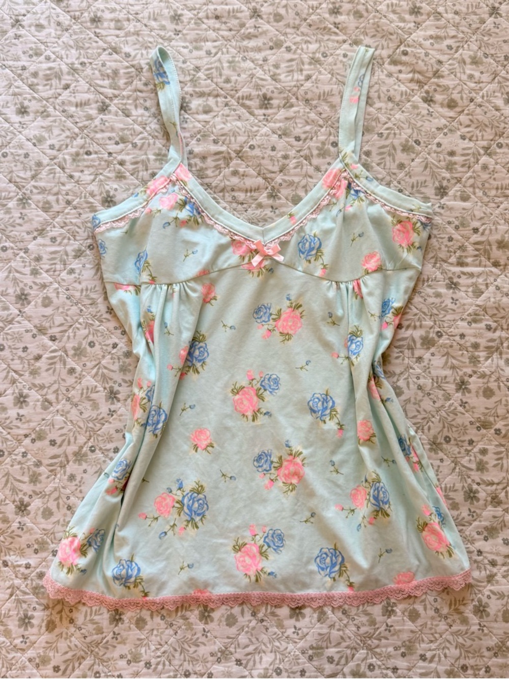 Y2K pastel floral babydoll tank top with pink bow and lace trim